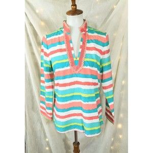 Vineyard Vines Womens S Striped V-Neck Tunic Cotton Silk 3/4 Sleeve Beach Summer
